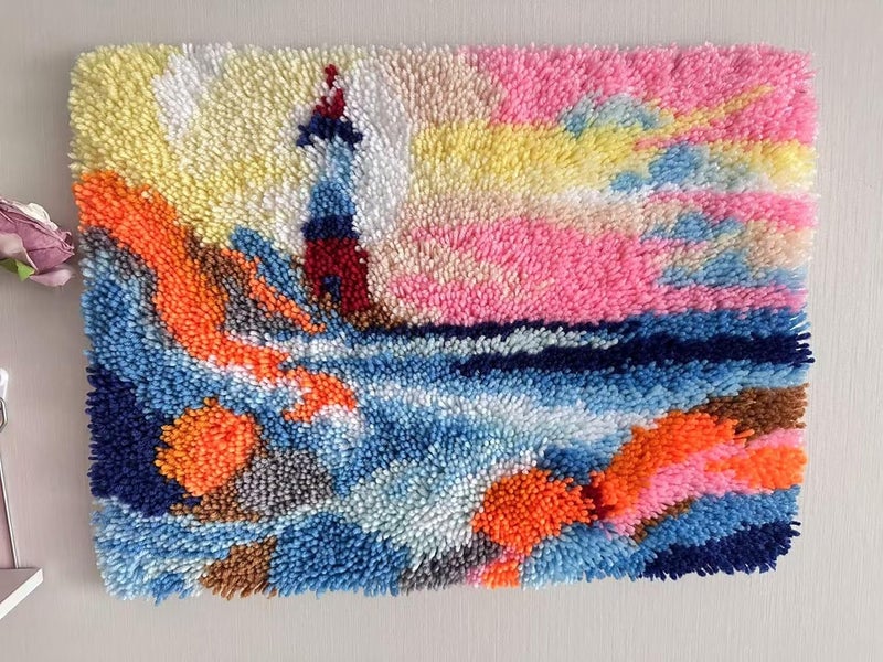 GLAECYY Latch Hook Kits Rug Crochet Yarn Kit Cushion Colour Pre-Printed Canvas Rug Needlework DIY Hook and Latch Kit (Seaside Lighthouse) - Image 2